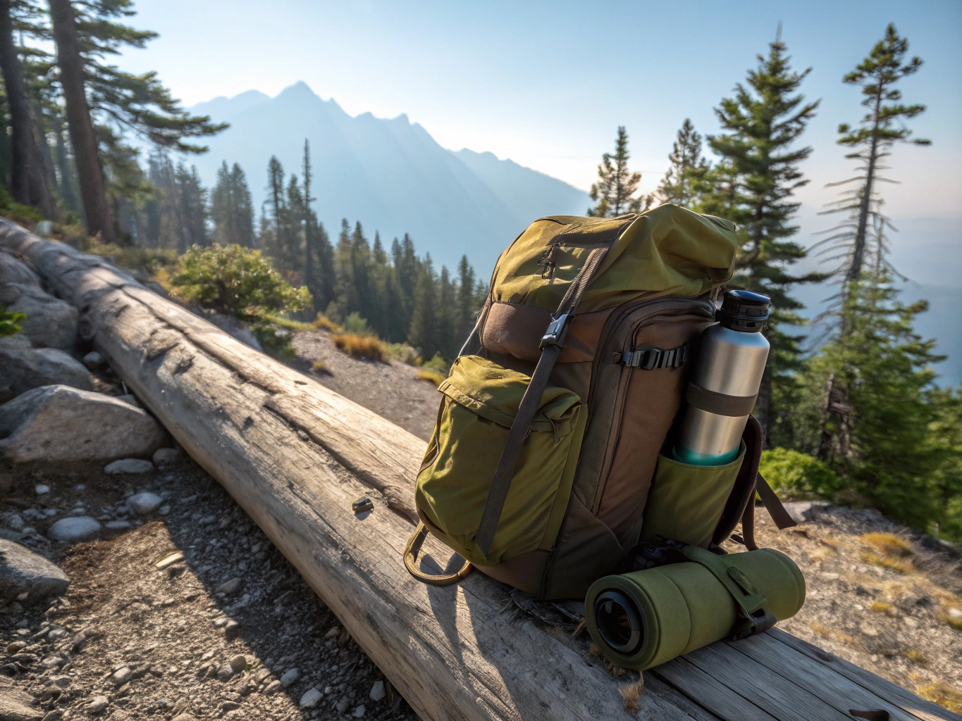Ergonomic 65L hiking backpack standing on pine needles