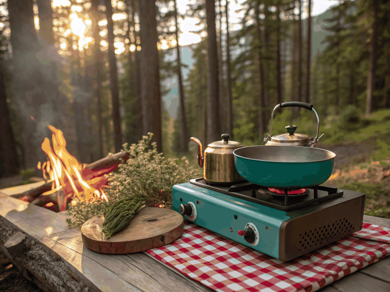 Outdoor two-burner camping stove set up on wooden camp table