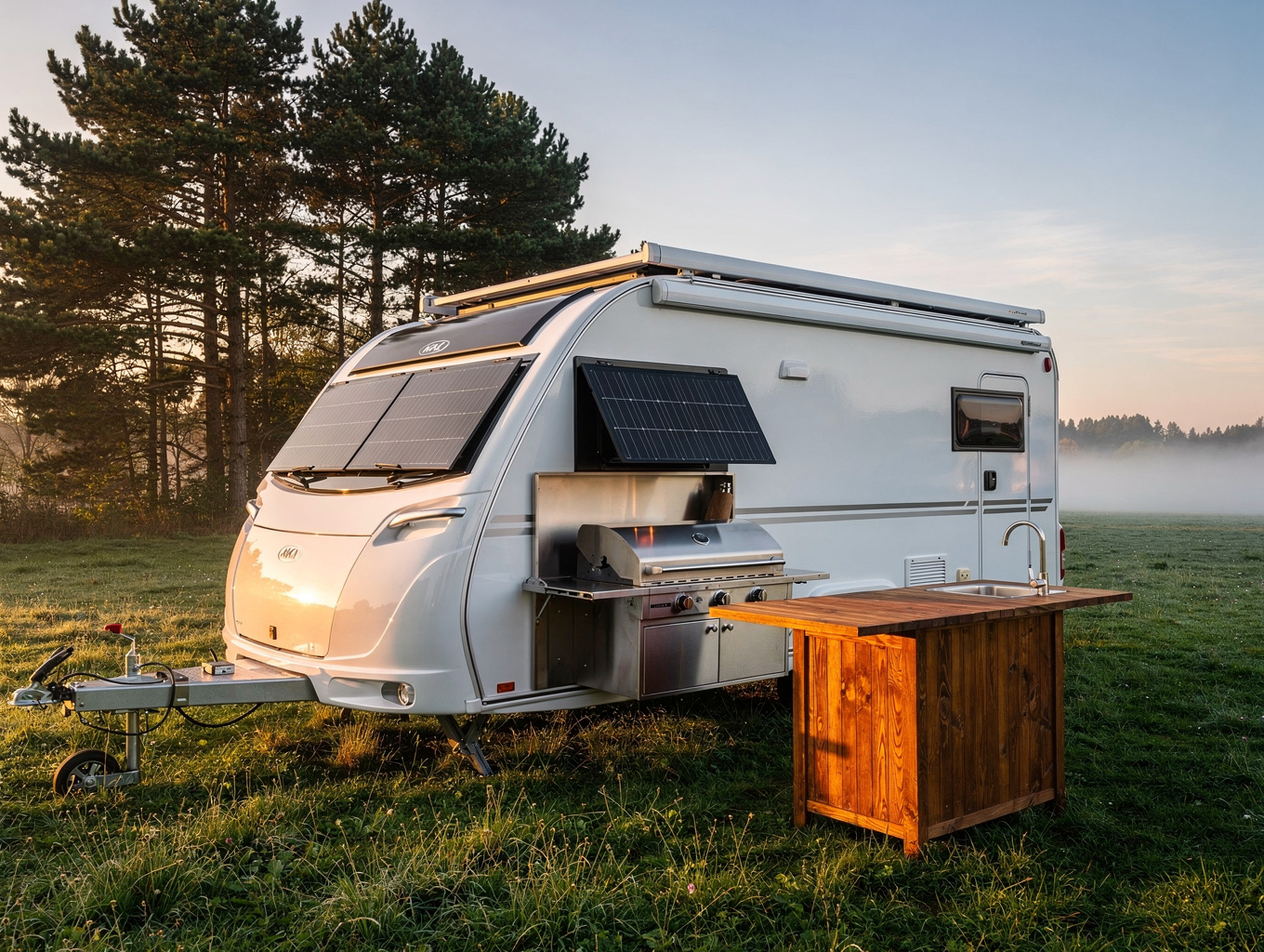 Overland teardrop camper parked beneath tall pine canopy at campsite