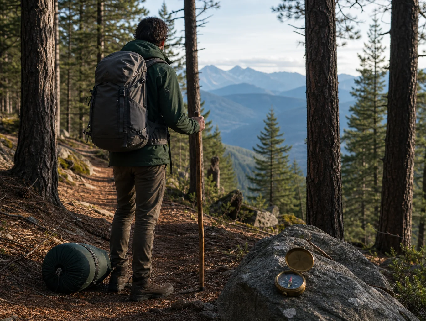 Pair of carbon trekking poles propped against trail granite