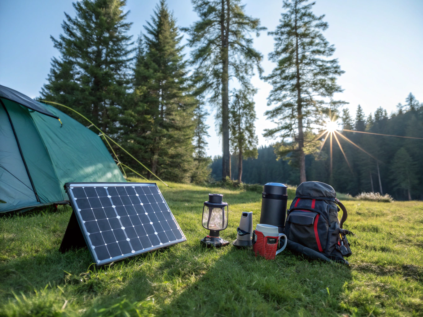 Portable outdoor power station charging devices next to solar panel