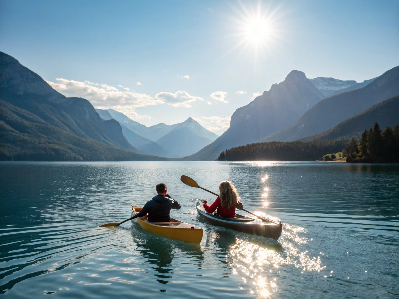 Tandem kayak with two paddles resting beside clear mountain lake