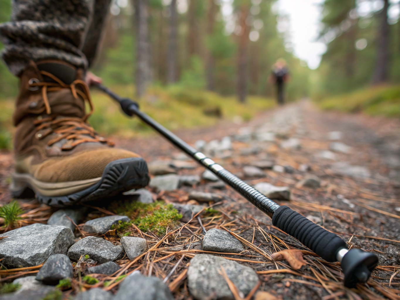 Pair of carbon fiber hiking poles on an alpine mountain trail