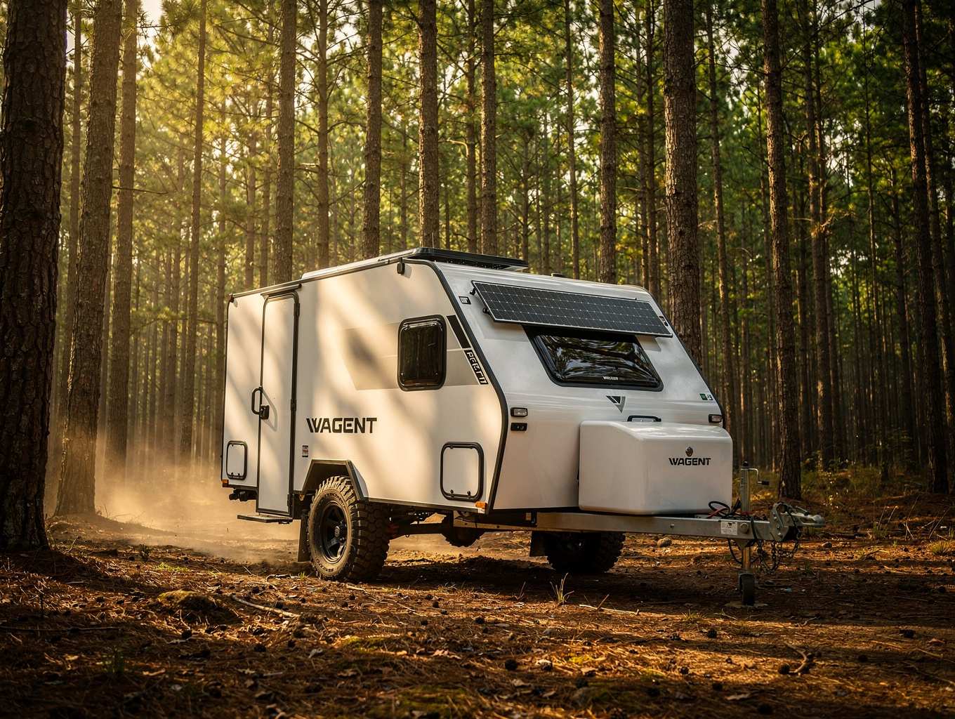 Fully equipped travel camper trailer parked in a forest clearing